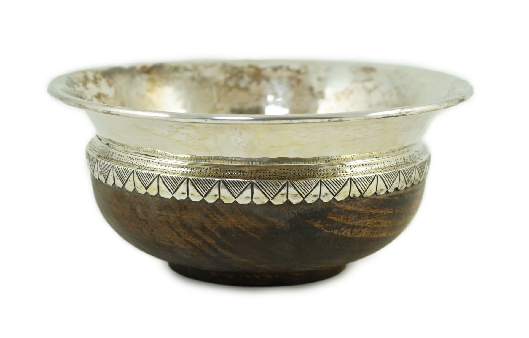 A George V Arts & Crafts planished silver mounted Mazar bowl, by Albert Edward Jones